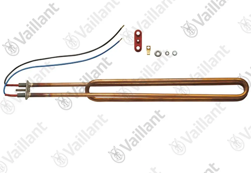 Vaillant Heizelement aus Kupfer-Nickel-Eisen mit zwei Anschlüssen und verschiedenen Befestigungsteilen, geeignet für Heizsysteme.